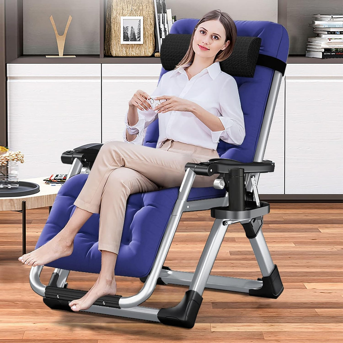 Zero Gravity Folding Sun Lounger Garden Recliner Chair Navy Blue