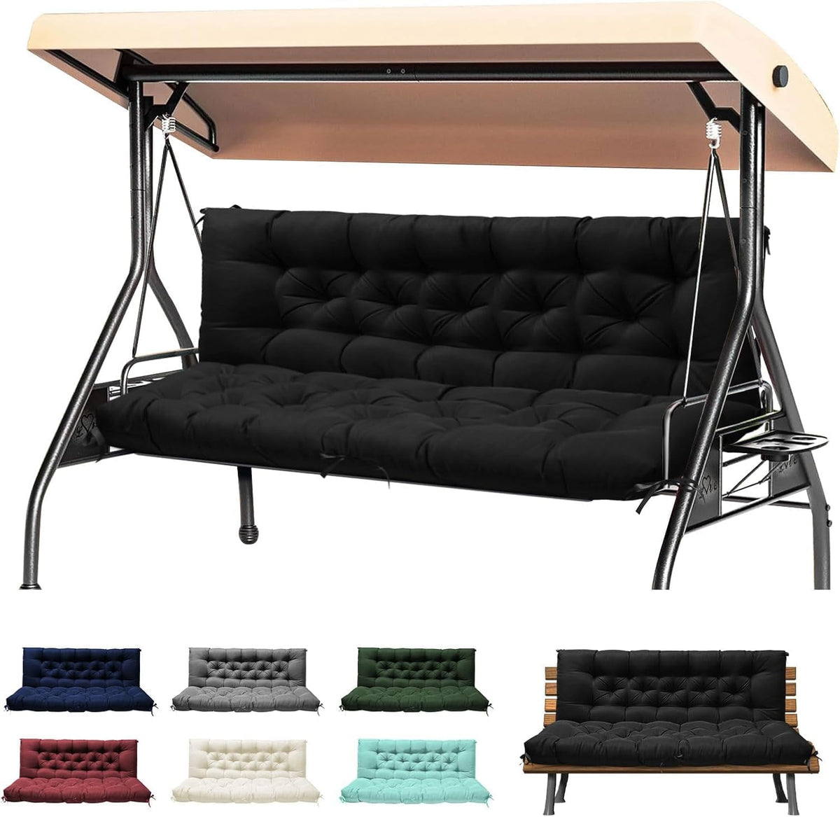 2 3 Seater Garden Bench Cushion Waterproof Black 150cm