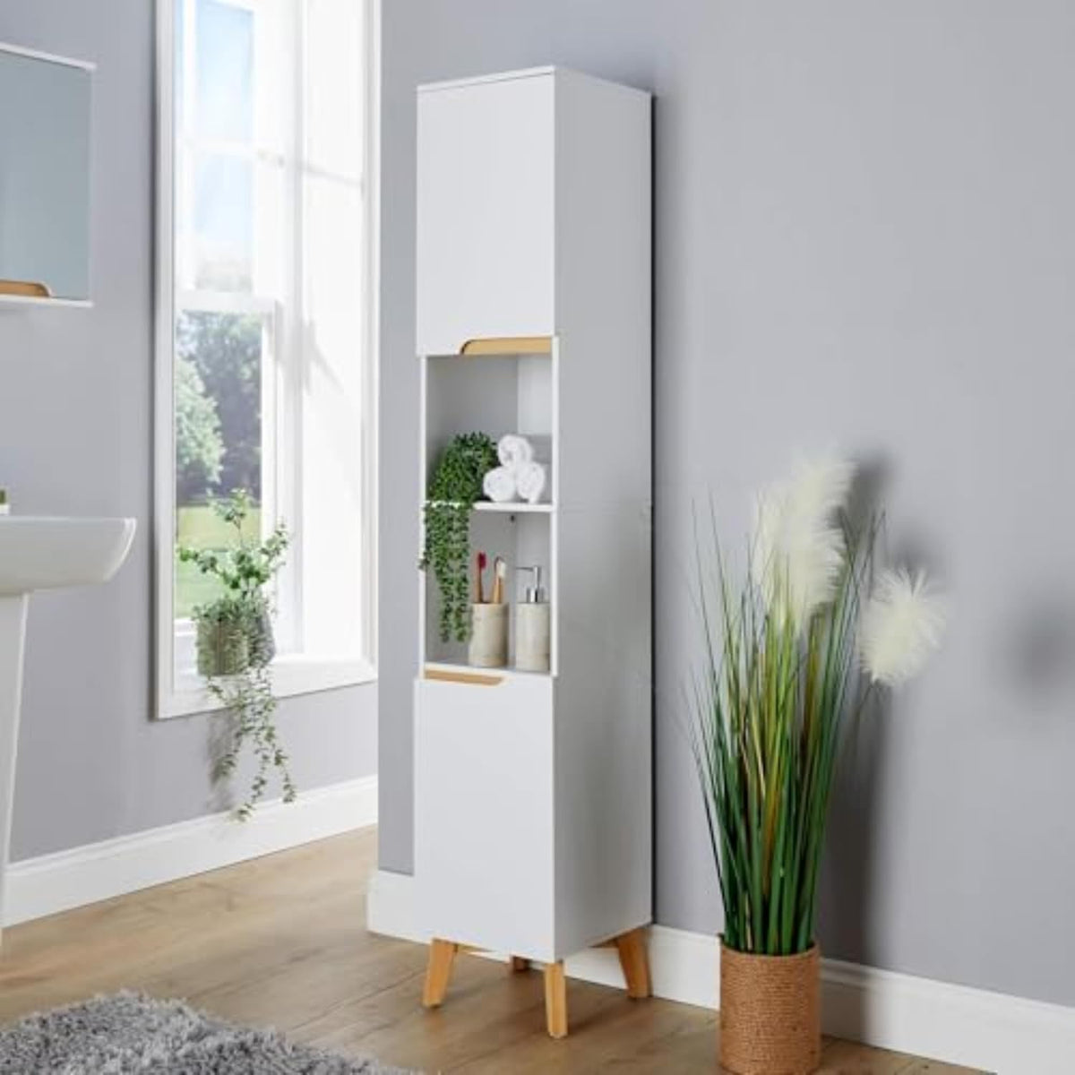 Slim Bathroom Tall Cabinet 6 Shelf Storage Unit White