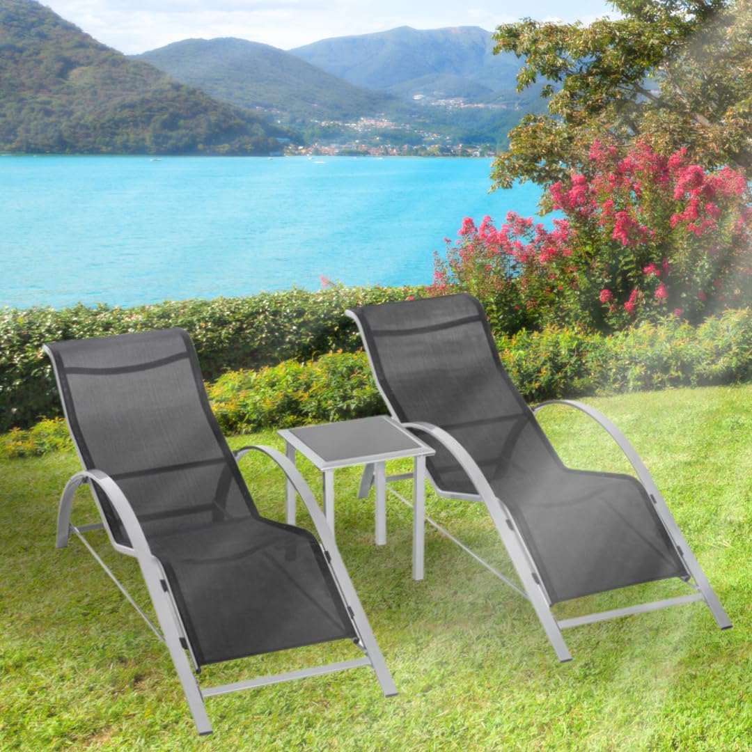3 Piece Garden Sun Lounger Set Recliners Side Table Black