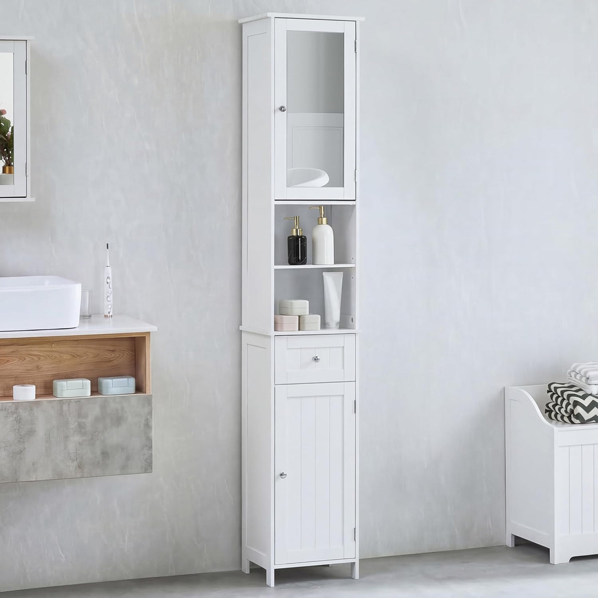 Tall Mirrored Bathroom Storage Cabinet White Drawer Unit