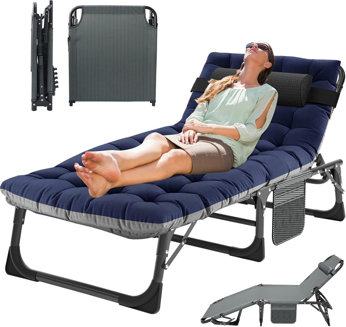Heavy Duty Folding Sun Lounger Bed Blue Pad XL