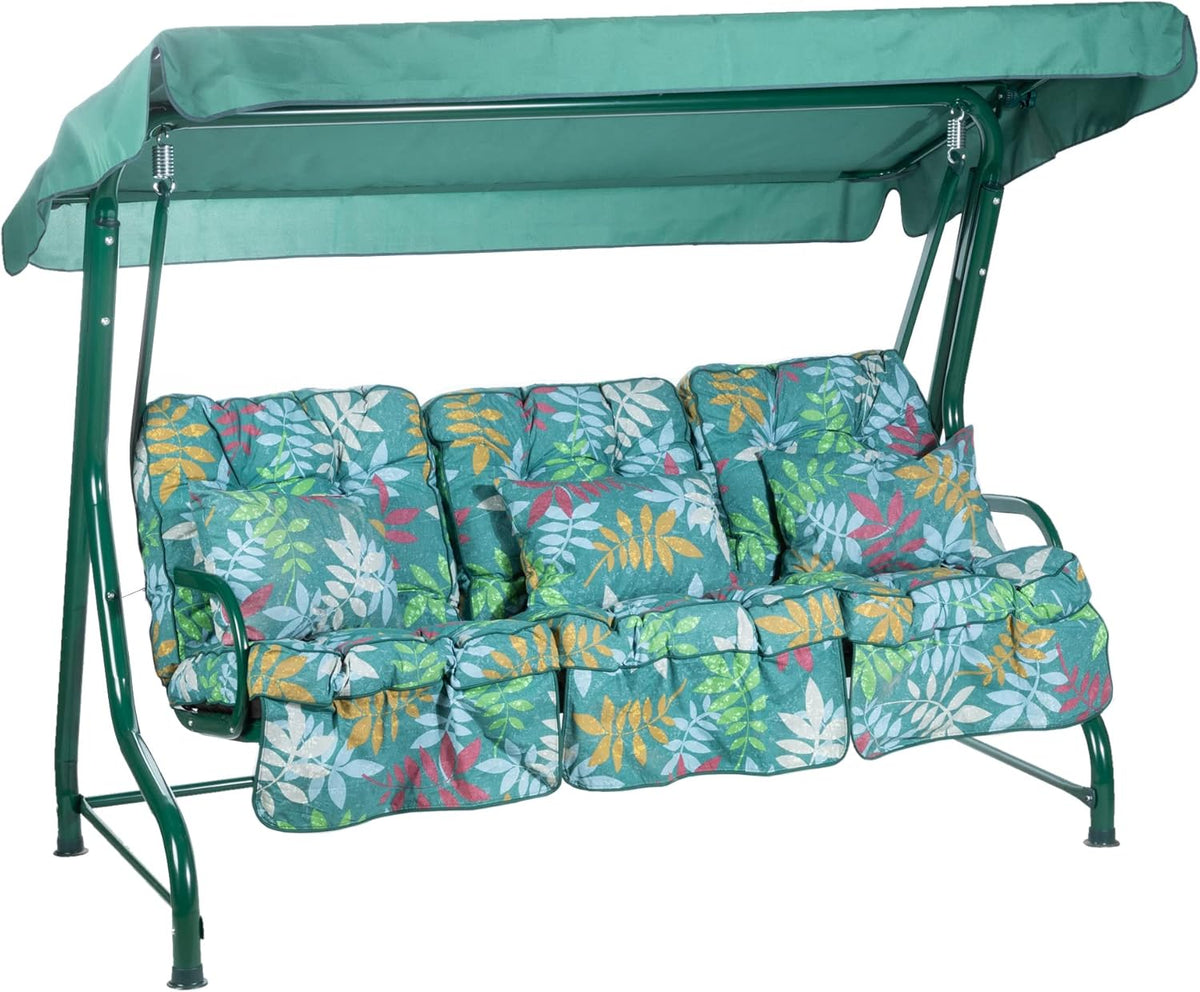 3 Seater Garden Swing Seat Green Leaf Canopy Cushions 250kg
