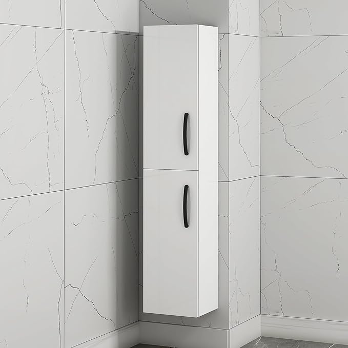 Gloss White Wall Hung Tall Bathroom Cabinet 2 Door Black Handle