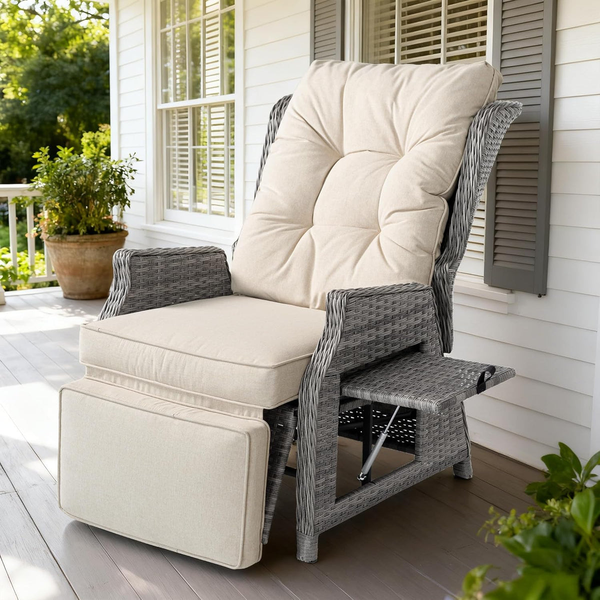 Rattan Reclining Sun Lounger Chair with Cushion Beige