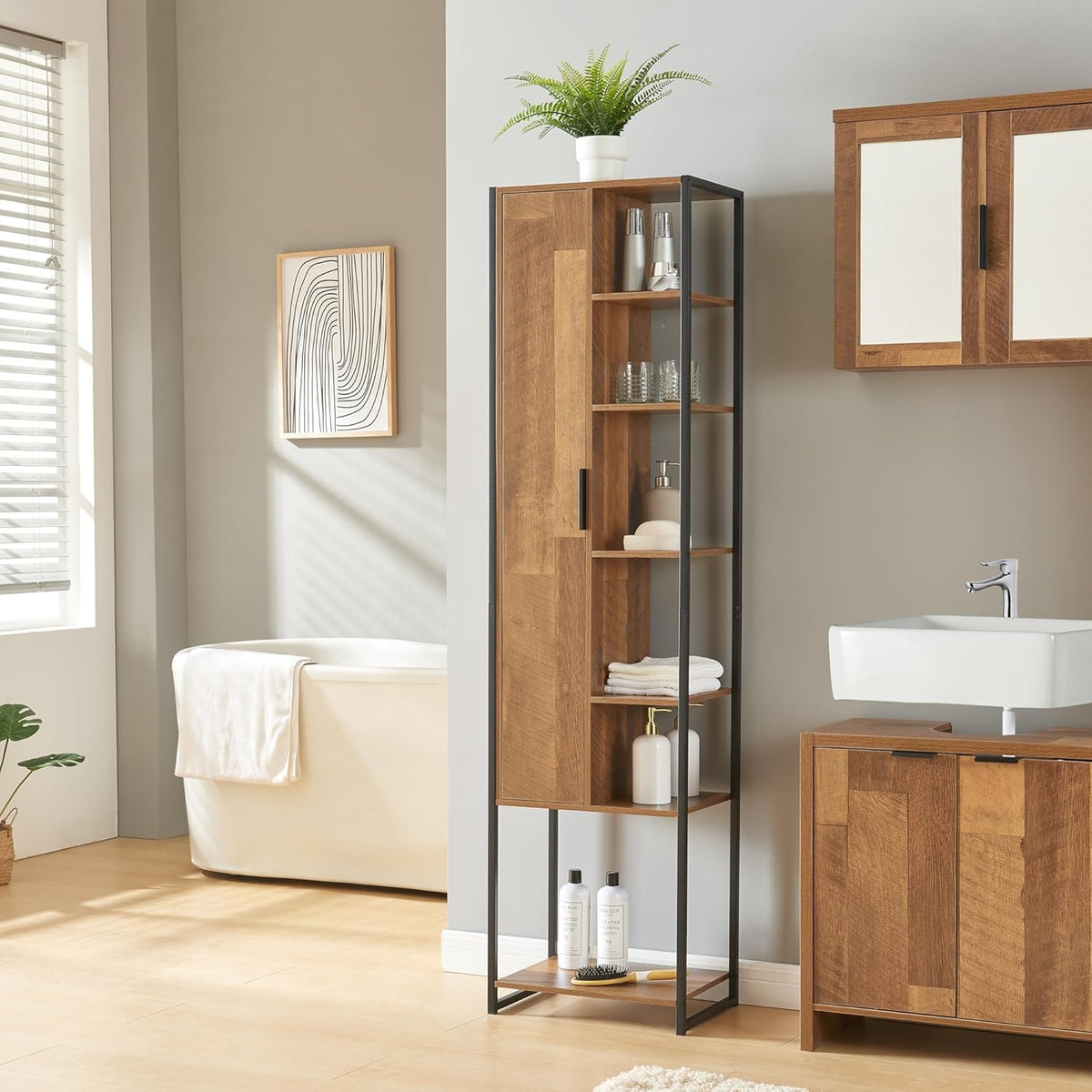Walnut Tall Bathroom Cabinet 11 Shelf Storage Unit