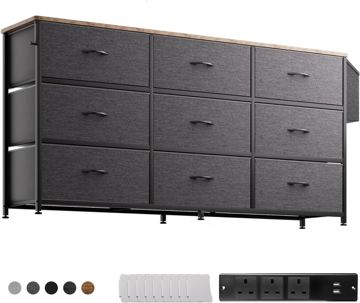 9-Drawer Fabric Dresser with Built-In Power Sockets TV Stand Storage - Kwikley