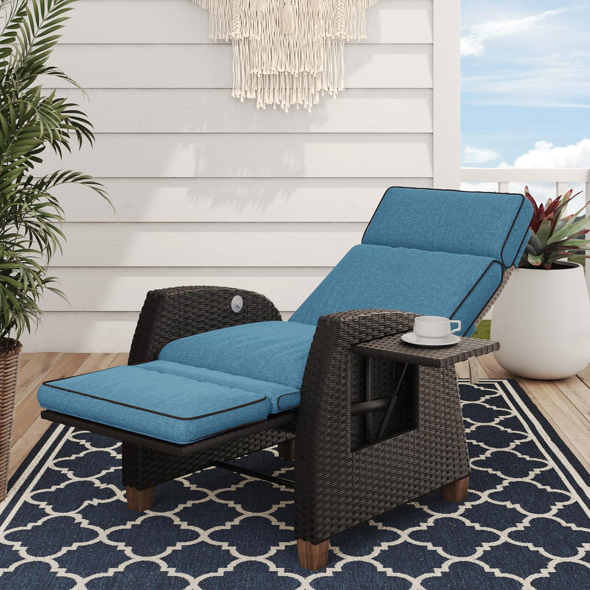 Luxury Wicker Recliner Chair Peacock Blue Cushion