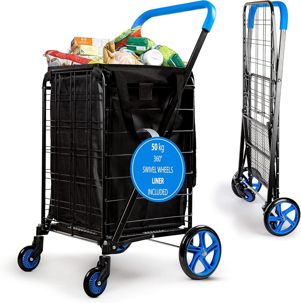 Foldable Shopping Trolley 50kg Capacity 360° Swivel Wheels Waterproof Liner - Kwikley