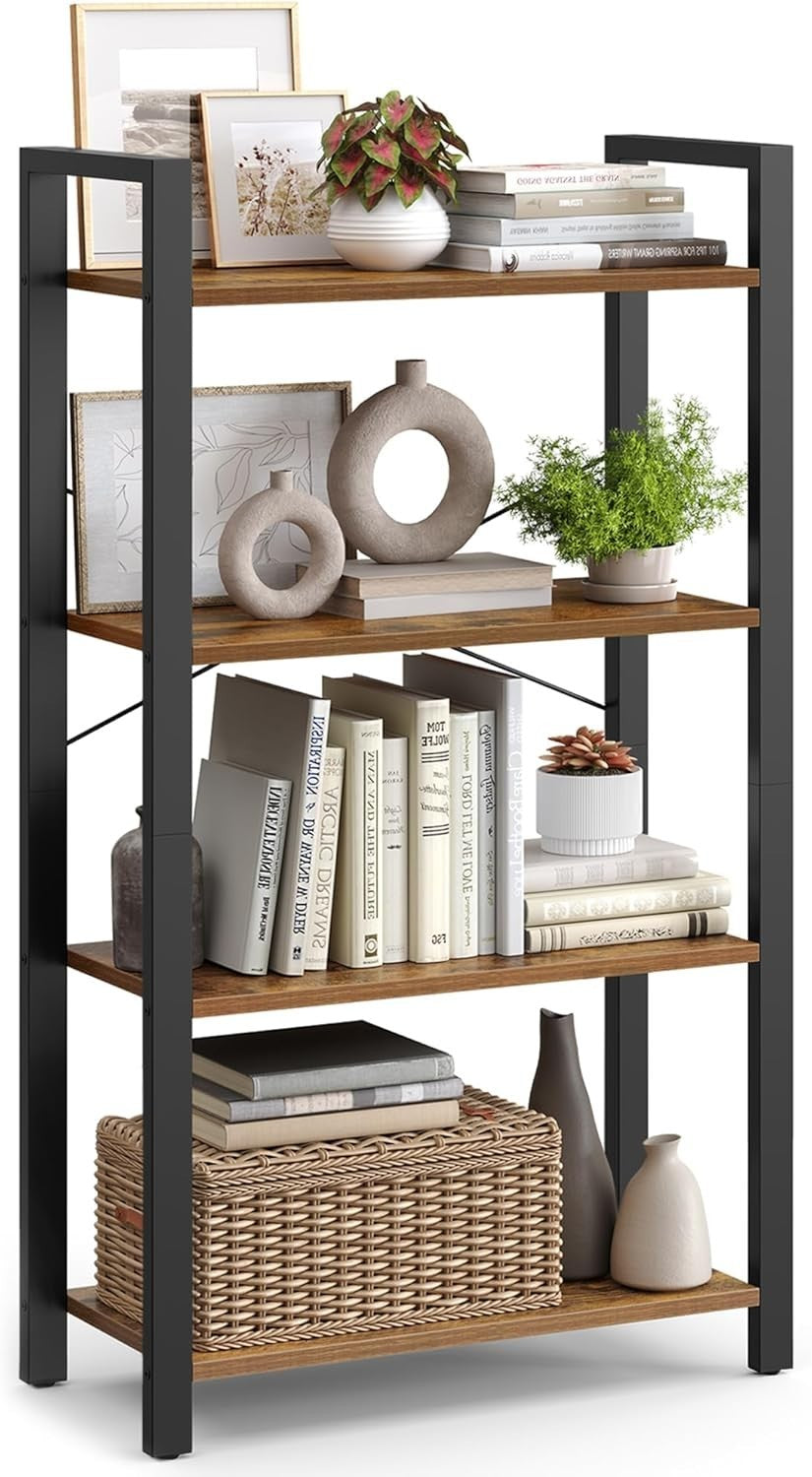 Industrial 4 - Tier Rustic Bookcase – Space - Saving Shelf Unit, 120cm High - Kwikley