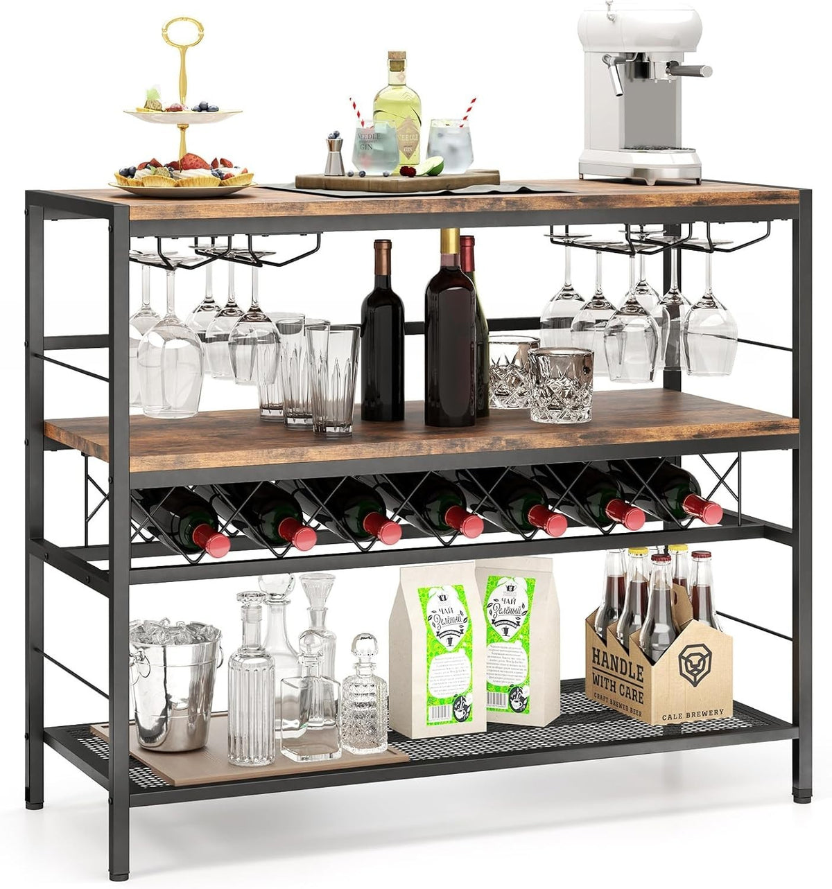 Industrial Wine Rack Bar Table with Bottle & Glass Storage Shelf 104cm Rustic - Kwikley