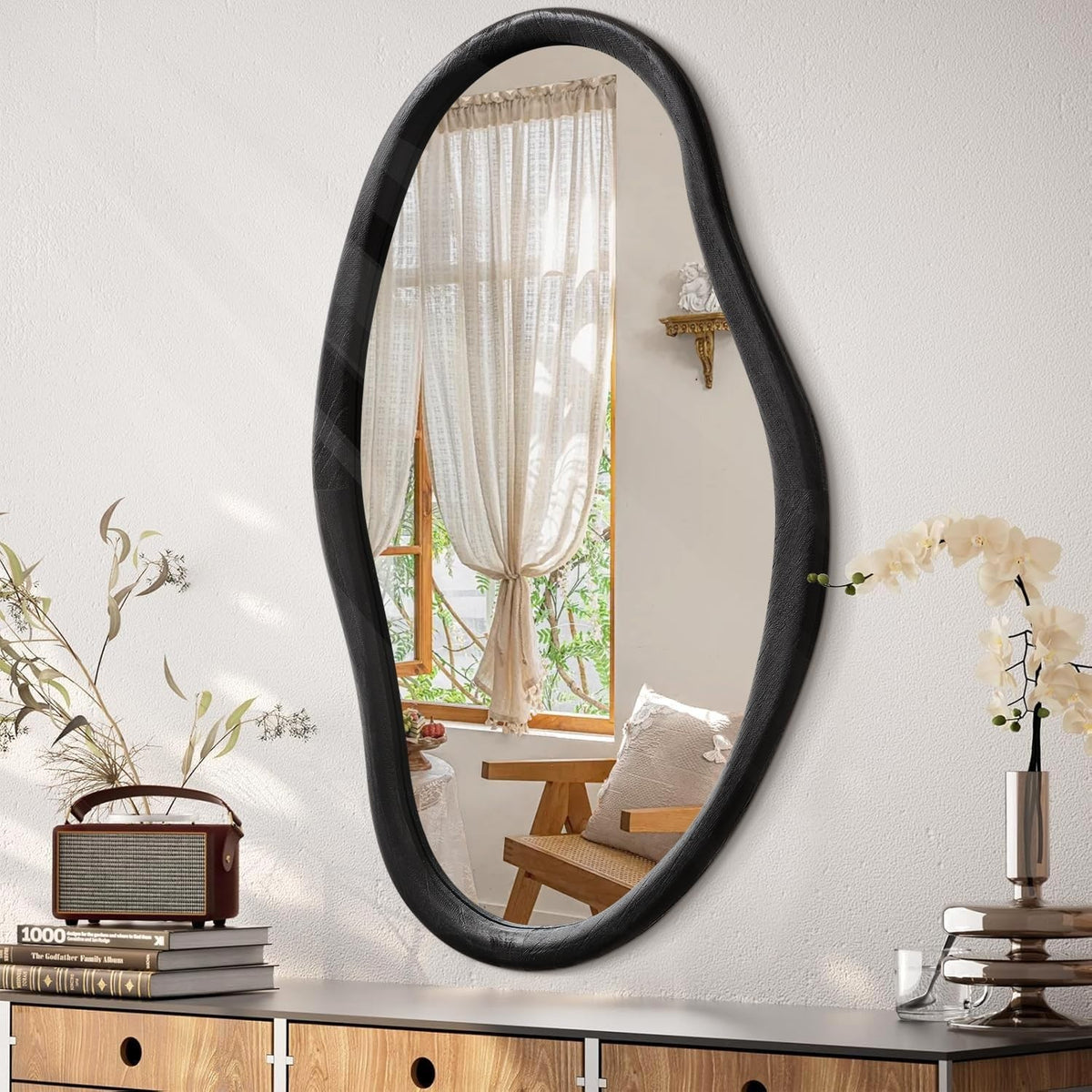 Large 90x60cm Irregular Wall Mirror Black Frame Modern Bathroom Decor - Kwikley
