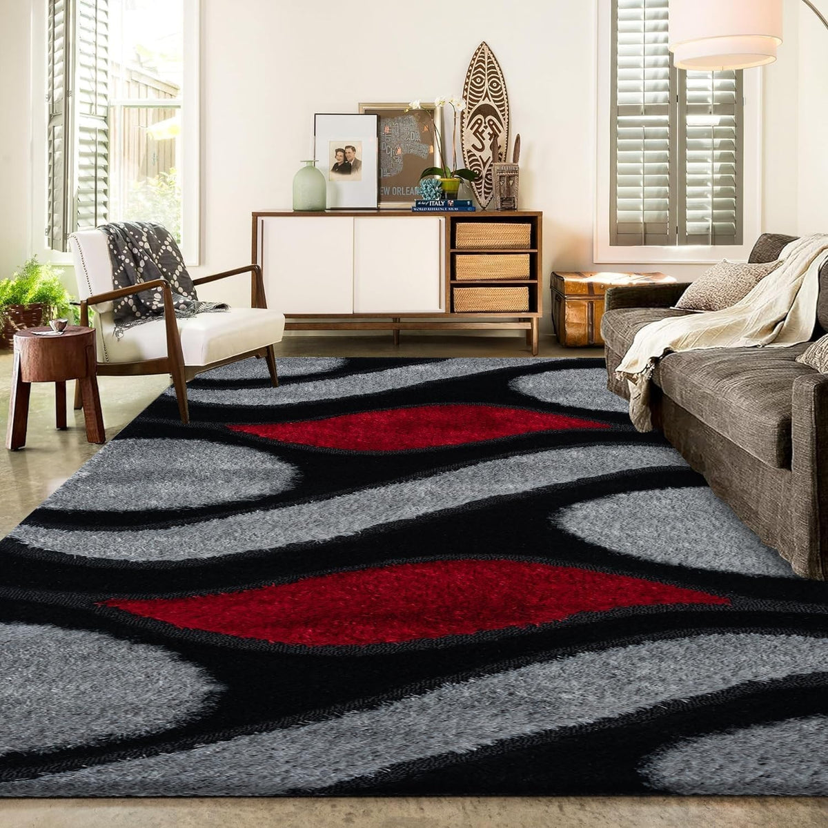 Large Black Red Shaggy Area Rug 120x170cm Washable Non Slip Soft Carpet - Kwikley