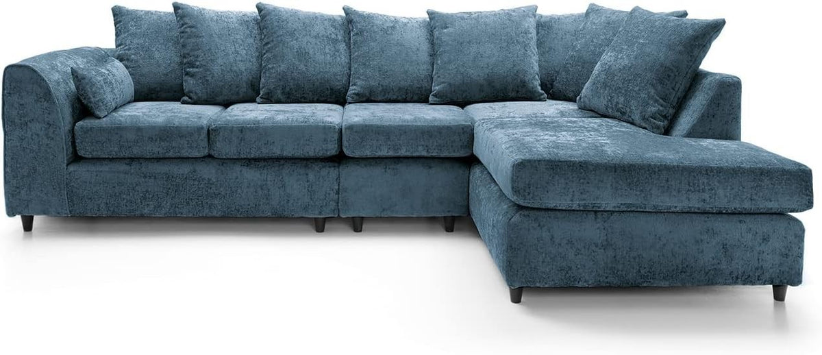 Large Blue Chenille Corner Sofa – Right Hand L - Shaped Couch – 5 Seater - Kwikley