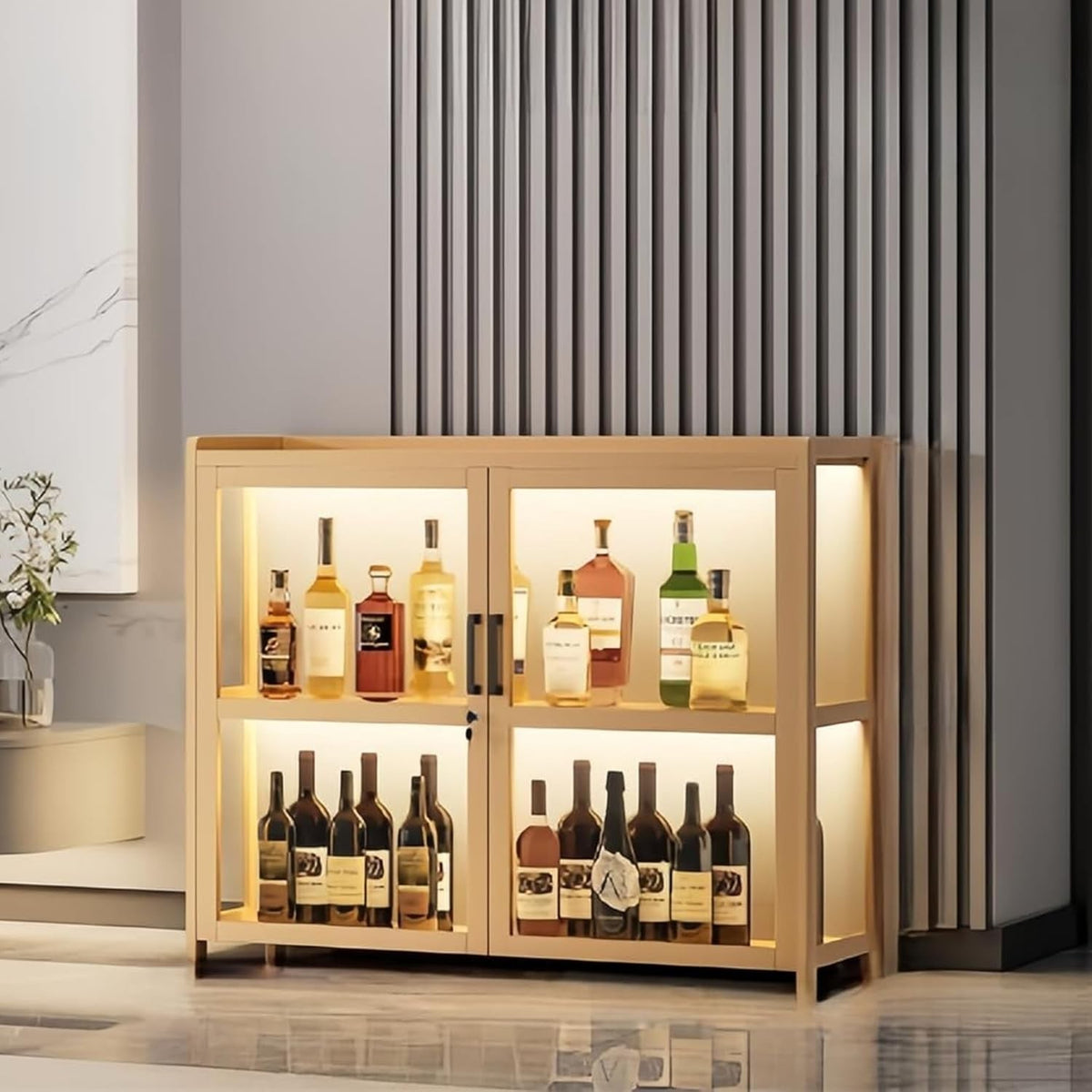 LED Wine Bar Cabinet Lockable Drinks Storage Sideboard Display Unit 60x32x72cm - Kwikley