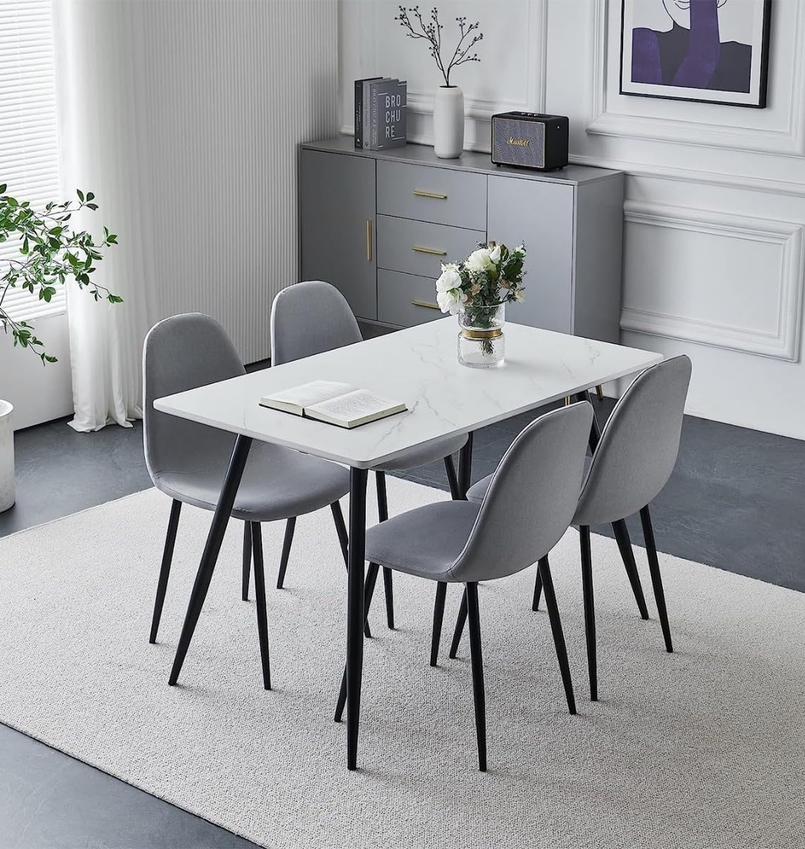 Marble Effect Dining Table & 4 Grey Chairs – Metal Legs, Modern Kitchen Set - Kwikley