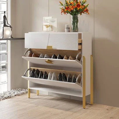 Compact shoe storage unit with multiple shelves for tidy hallway organisation