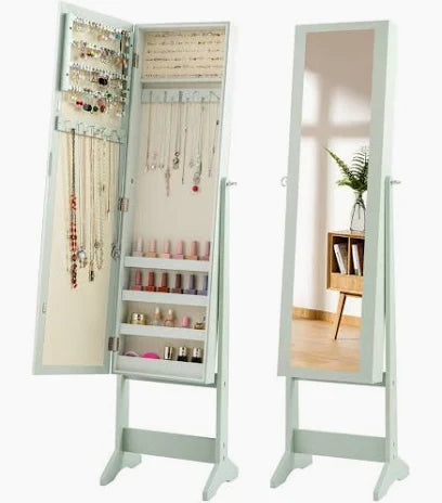 Freestanding mirrored jewellery armoire with makeup and accessory storage