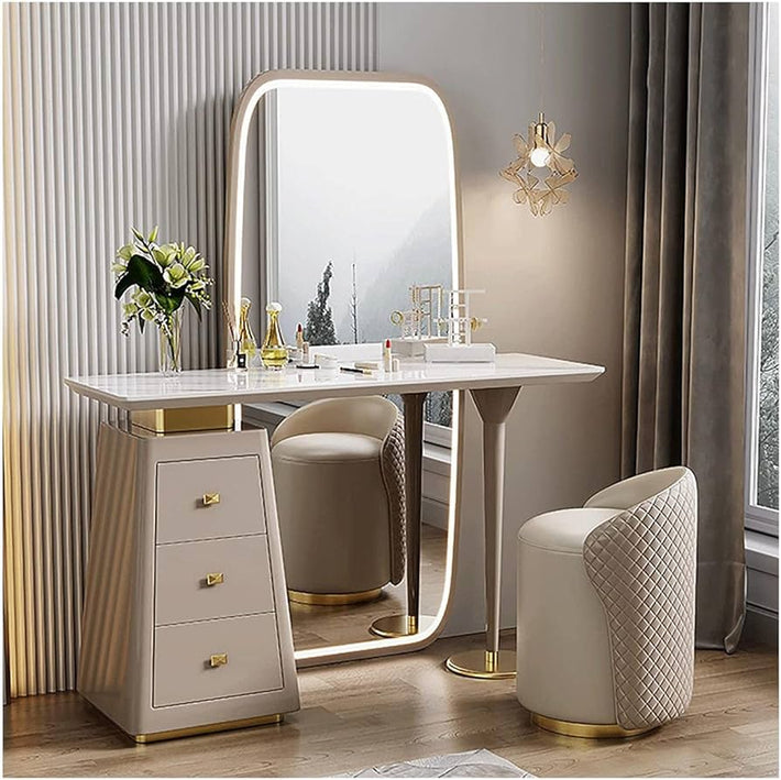 Modern dressing table with mirror stool and drawer storage for bedroom makeup