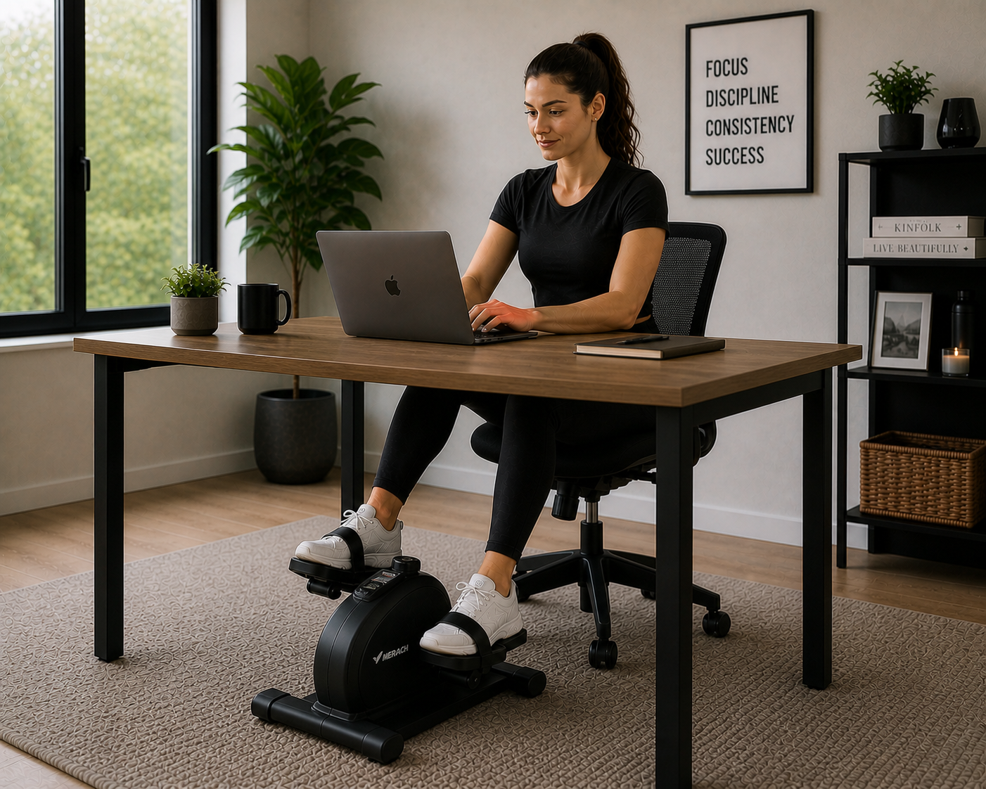Compact under desk bike for office workout and daily activity while working