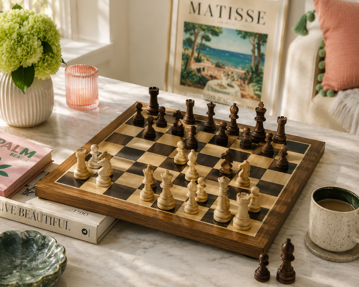 Wooden folding chess set with pieces on board for travel and home games.