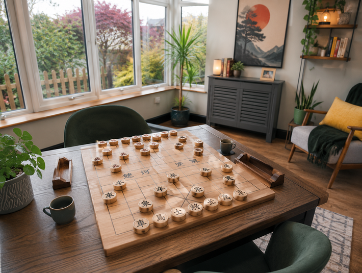 Traditional Xiangqi Chinese chess set on wooden table in modern room