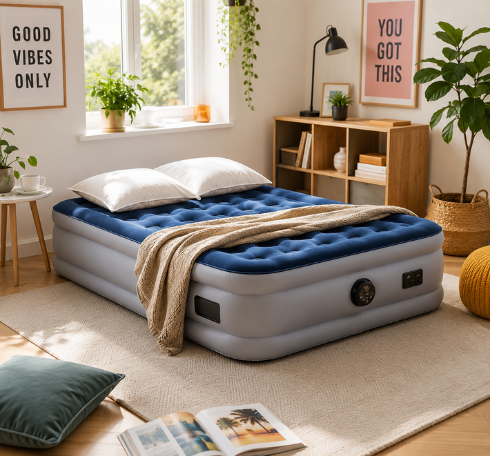 Inflatable mattress with built in pump for guests camping and home use