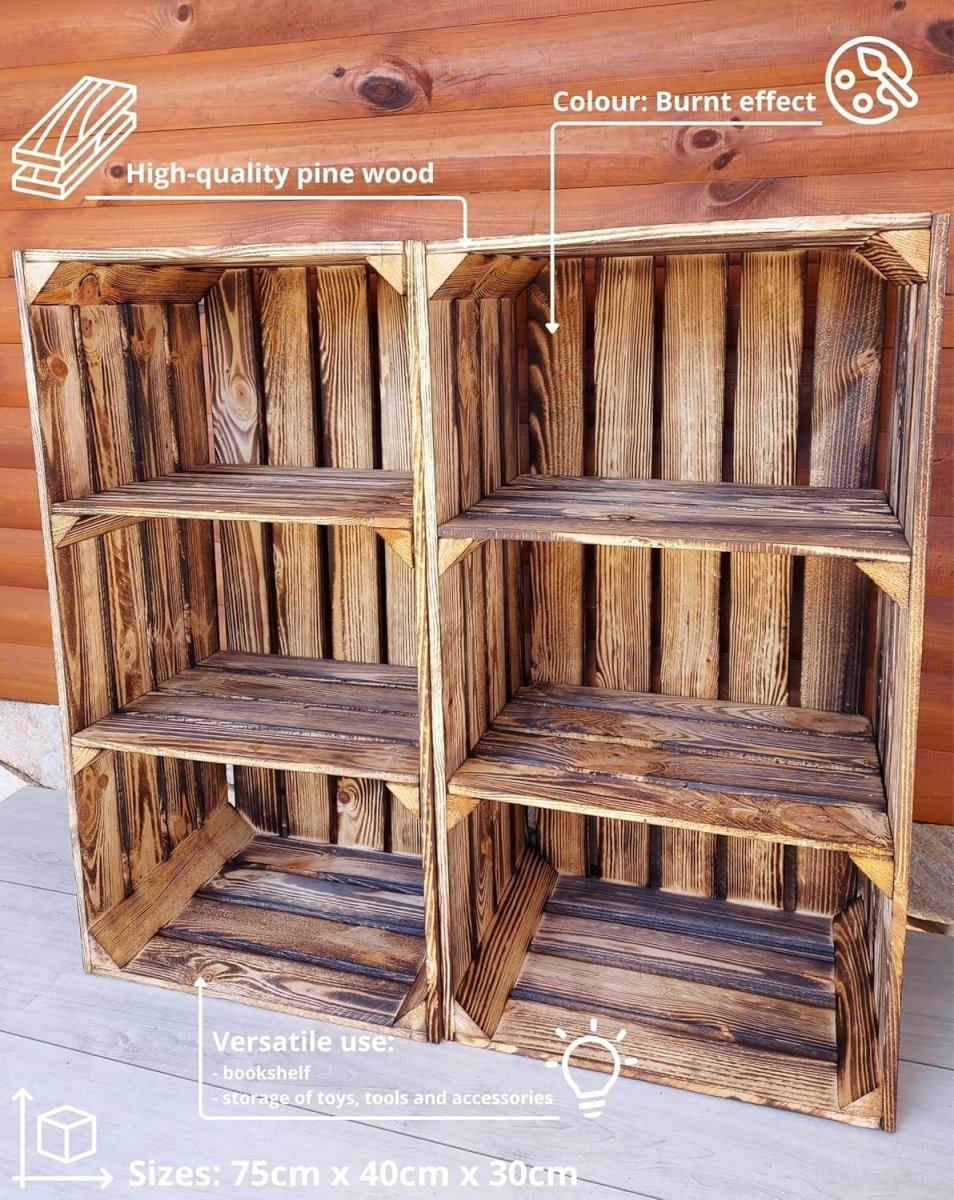 1 x Burnt Effect Wooden Crate with 2 - Tier Shelf 40x30x75cm Rustic - Kwikley