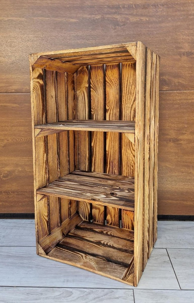 1 x Burnt Effect Wooden Crate with 2-Tier Shelf 40x30x75cm Rustic