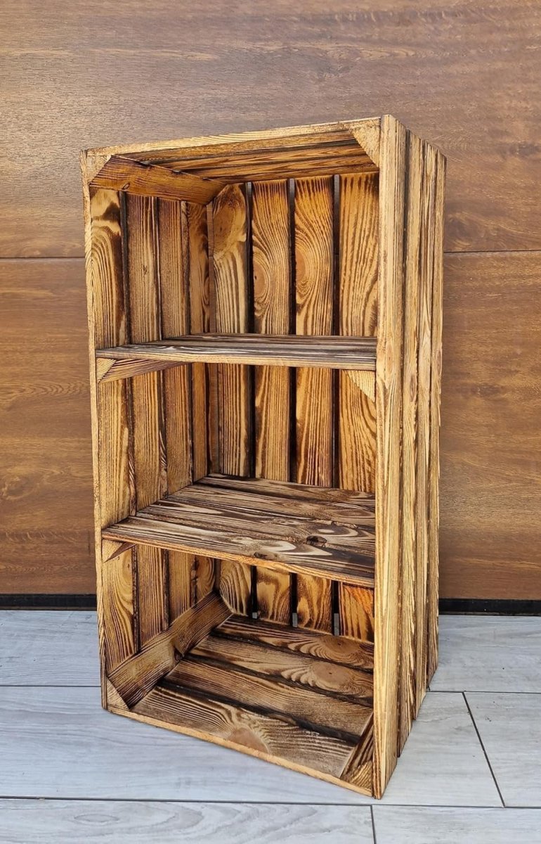 1 x Burnt Effect Wooden Crate with 2 - Tier Shelf 40x30x75cm Rustic - Kwikley