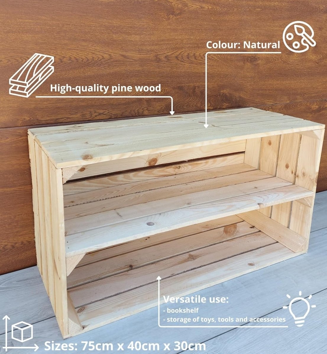 1 x Natural Wooden Crate with 1 - Tier Shelf 40x30x75cm Vintage Storage - Kwikley