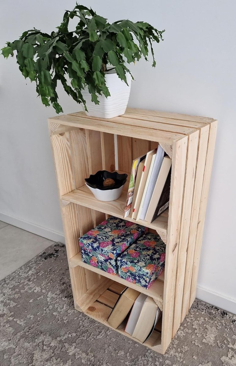 1 x Natural Wooden Crate with 2 - Tier Shelf 40x30x75cm Vintage - Kwikley