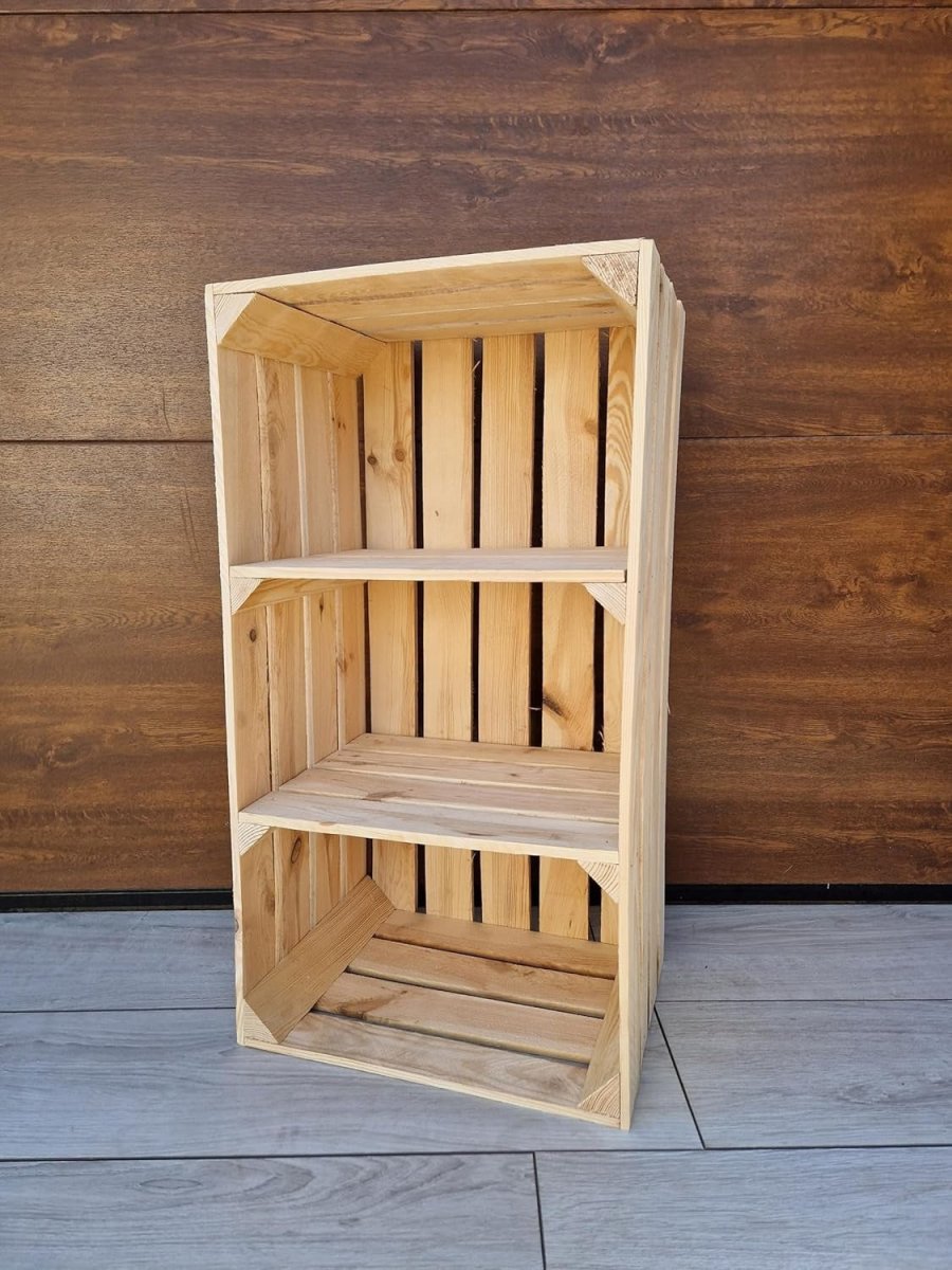1 x Natural Wooden Crate with 2 - Tier Shelf 40x30x75cm Vintage - Kwikley