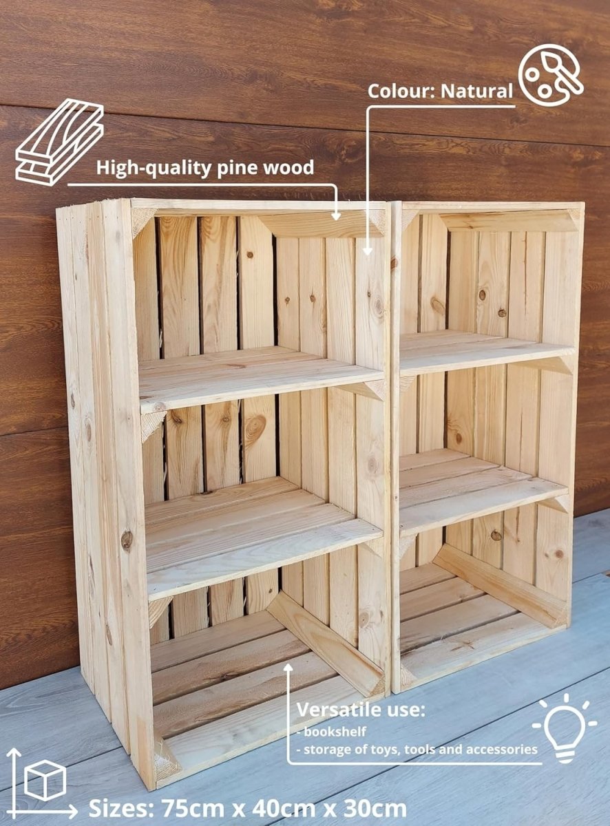 1 x Natural Wooden Crate with 2 - Tier Shelf 40x30x75cm Vintage - Kwikley