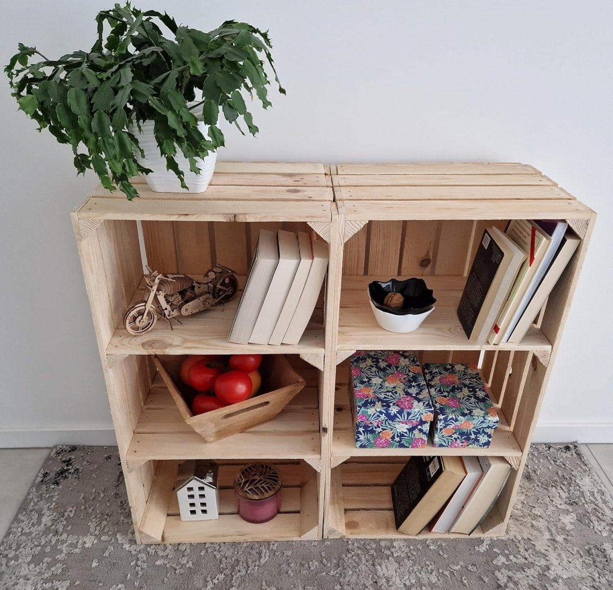1 x Natural Wooden Crate with 2 - Tier Shelf 40x30x75cm Vintage - Kwikley