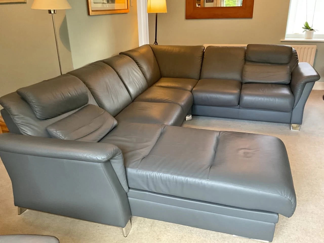 Sectional Grey Stressless Large Leather Corner Sofa (PTP)