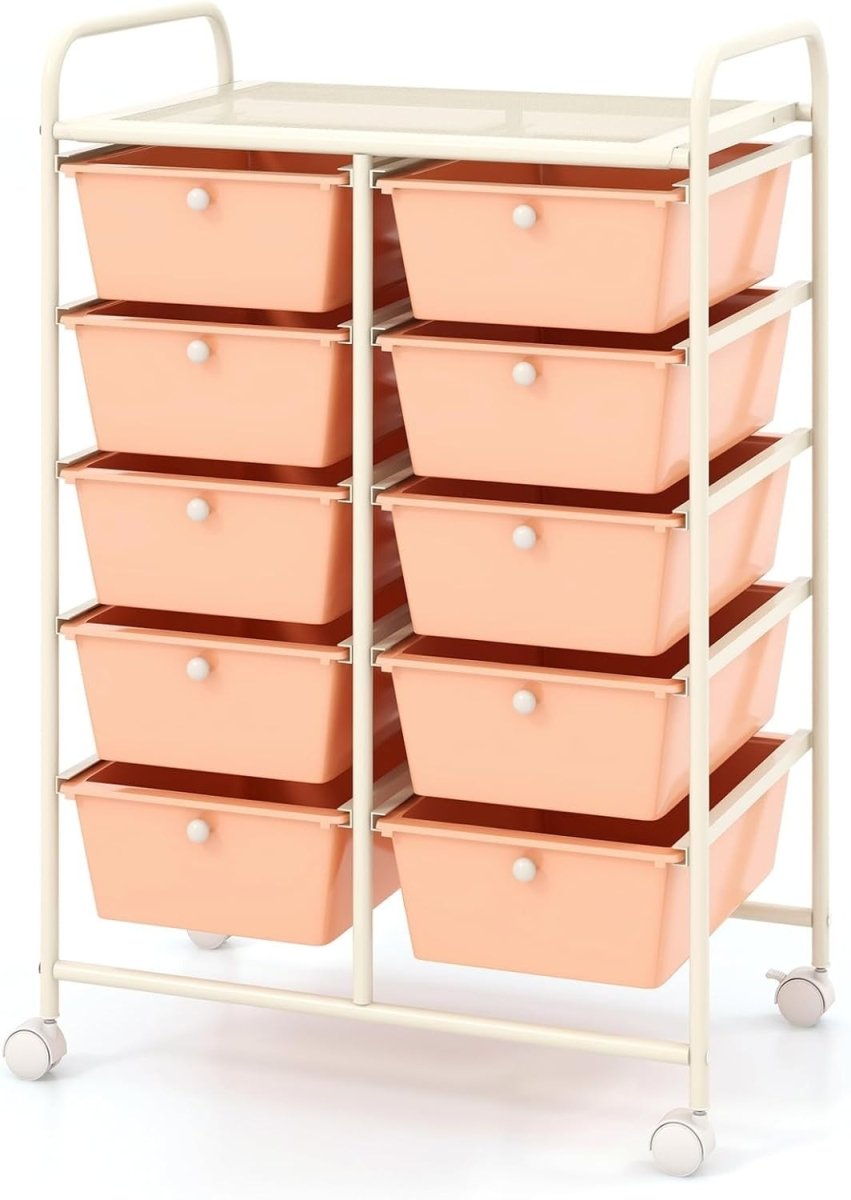 10 Drawer Peach Storage Trolley Rolling Organizer Cart with Wheels - Kwikley