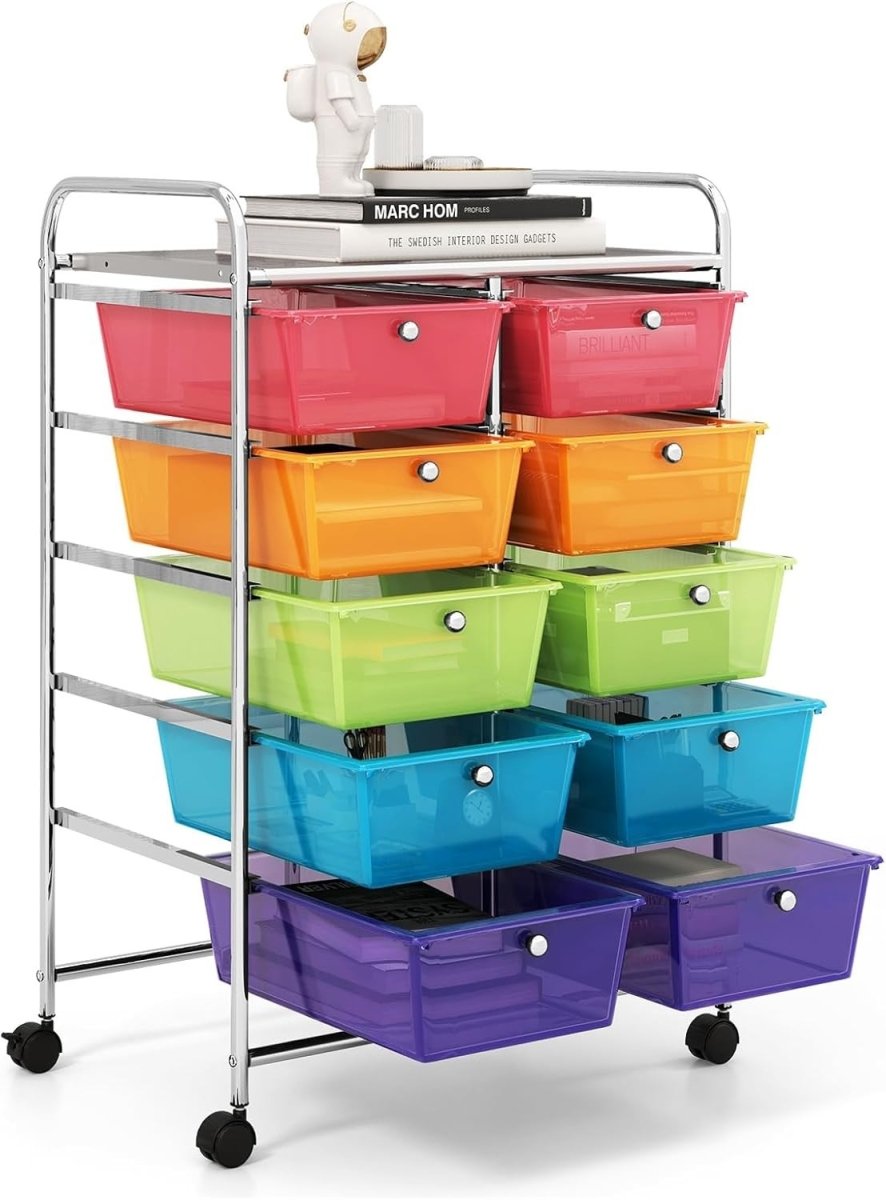 10 Drawer Rainbow Storage Trolley Rolling Organizer Cart with Wheels - Kwikley