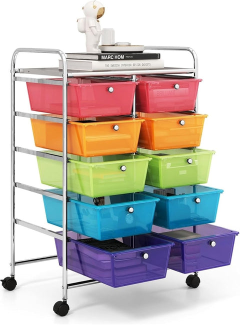10 Drawer Rainbow Storage Trolley Rolling Organizer Cart with Wheels