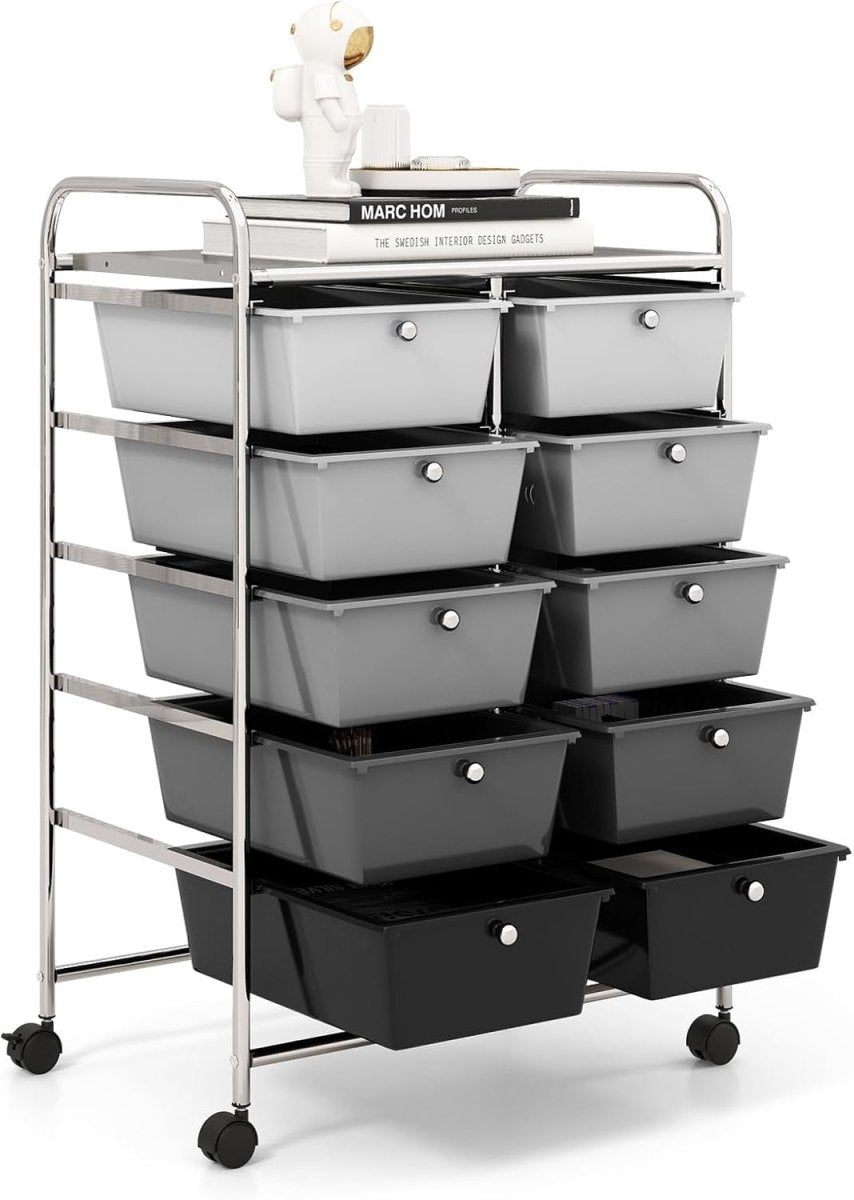 10 Drawer Rolling Storage Cart Black Organizer Trolley with Wheels - Kwikley