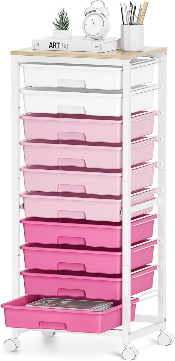 10 Drawer Storage Trolley Pink Craft Organizer Cart with Wheels - Kwikley