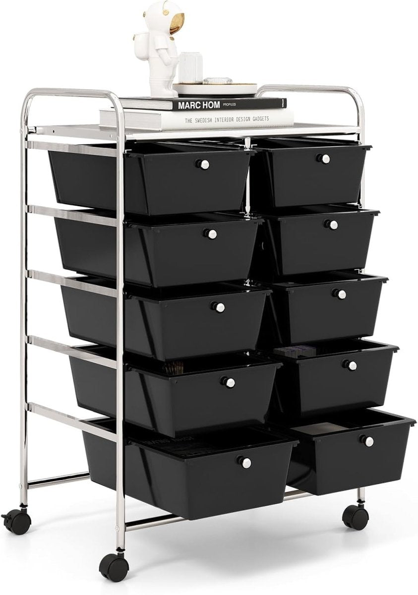 10 Drawer Utility Storage Cart Rolling Organizer Trolley Black Wheels - Kwikley