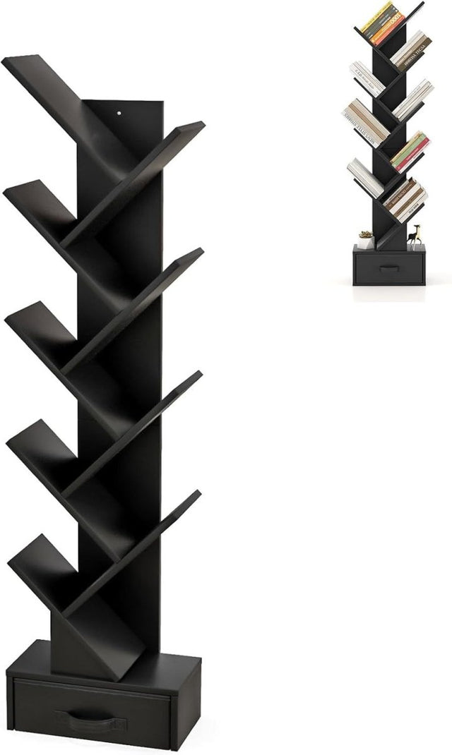 10 Tier Tree Bookshelf Floor Standing Slim Bookcase Modern Storage Rack Black