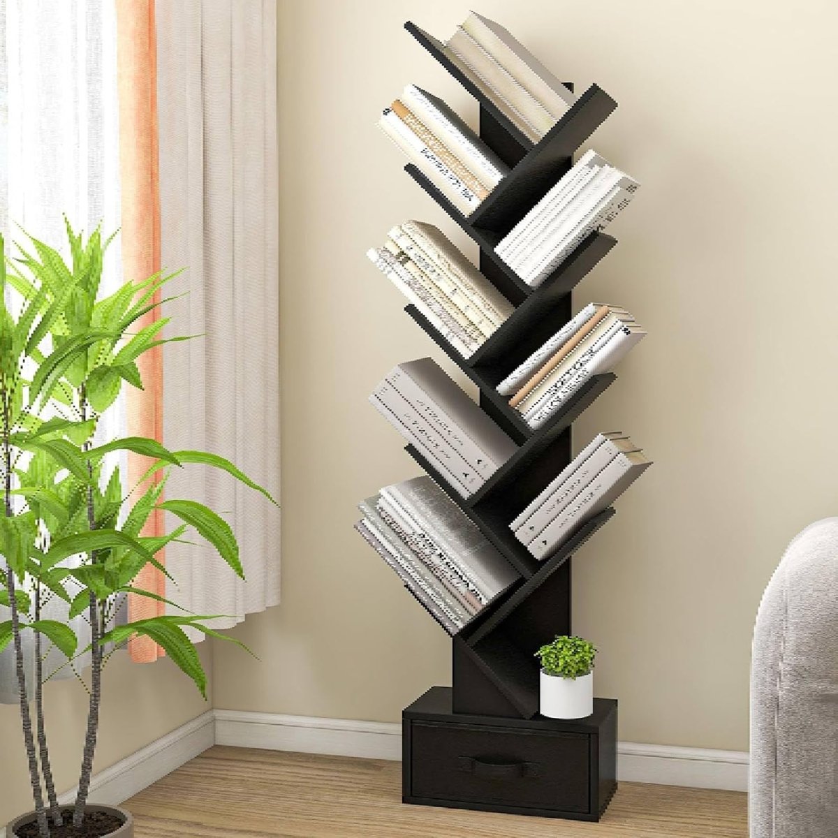 10 Tier Tree Bookshelf Floor Standing Slim Bookcase Modern Storage Rack Black - Kwikley