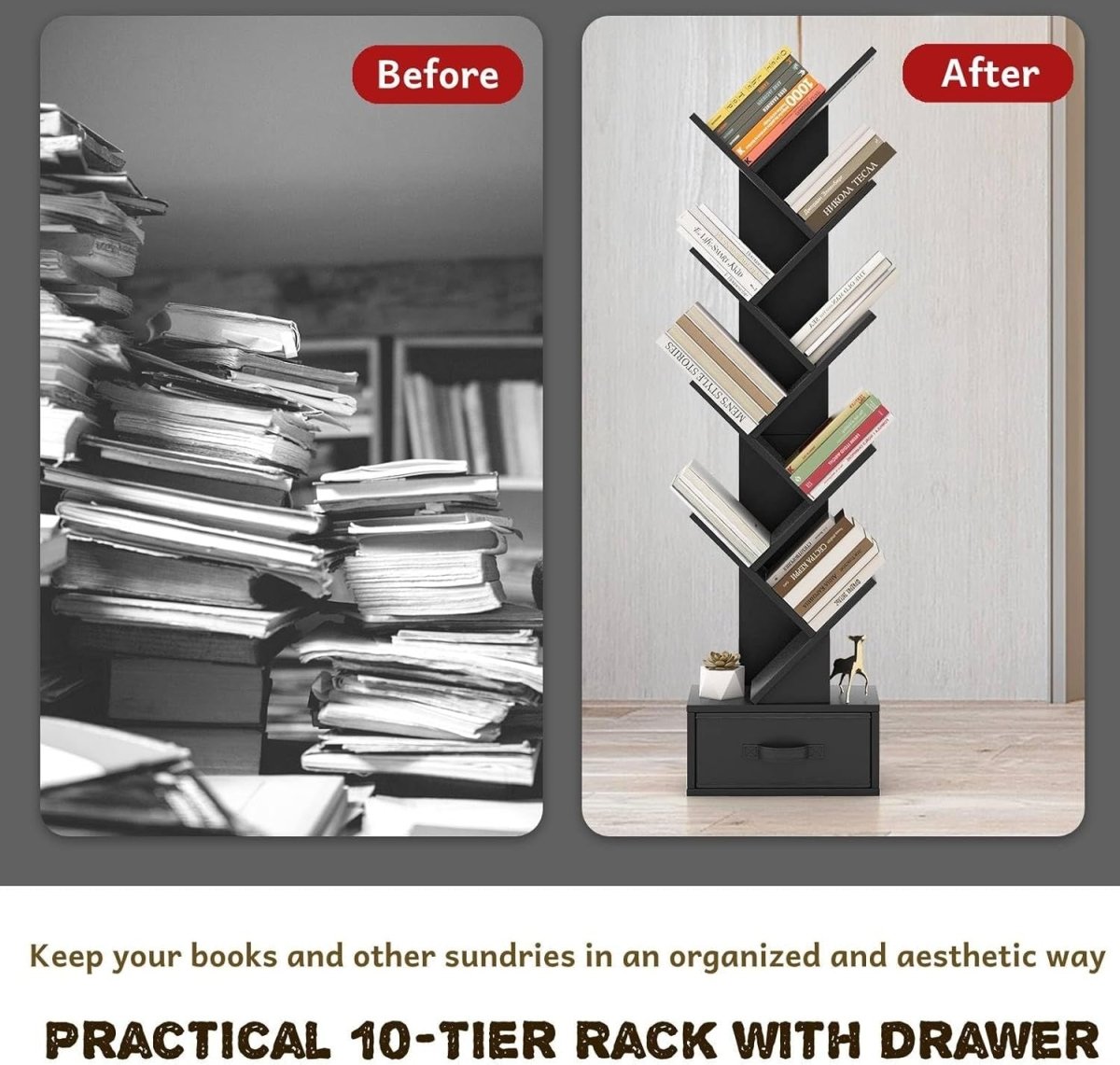 10 Tier Tree Bookshelf Floor Standing Slim Bookcase Modern Storage Rack Black - Kwikley