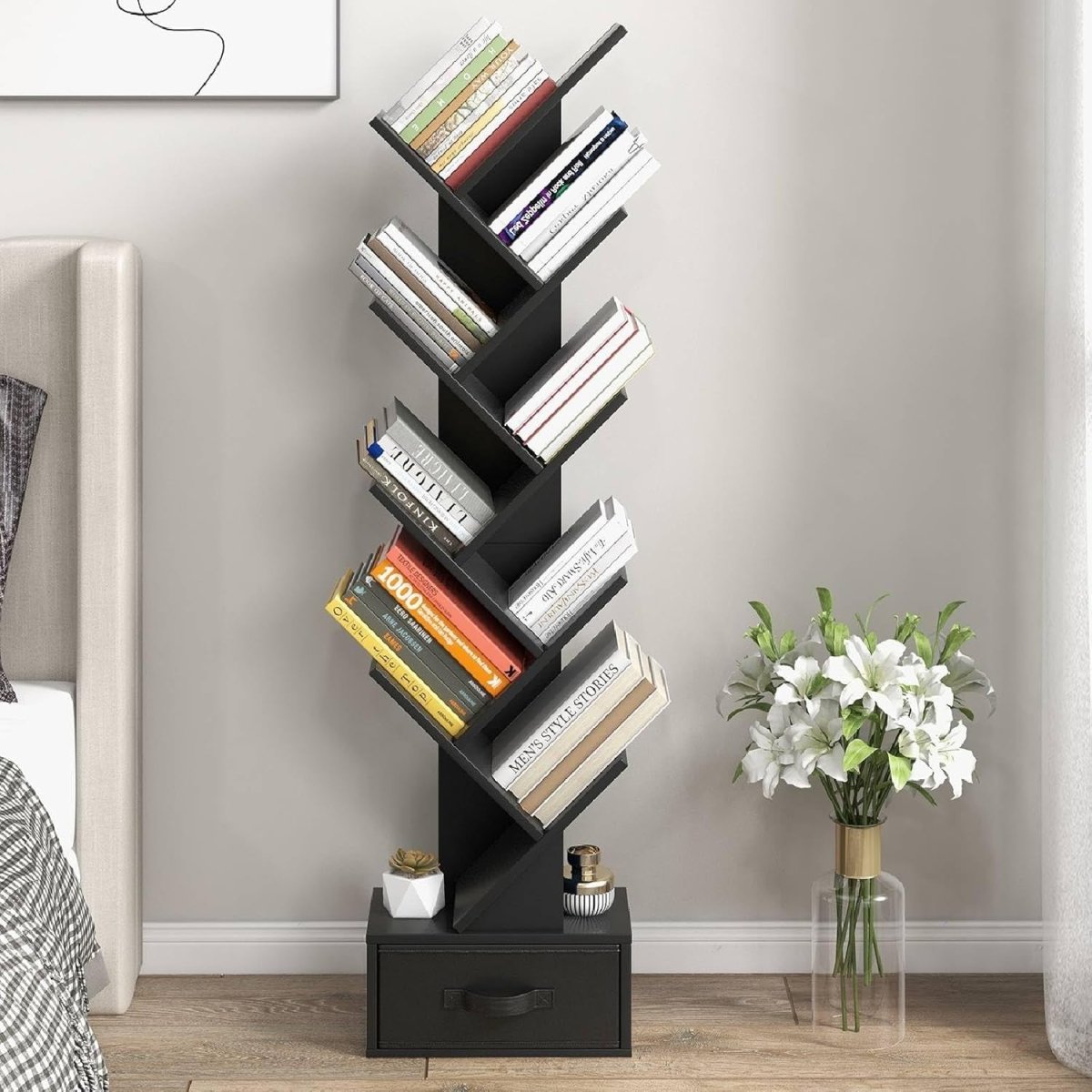 10 Tier Tree Bookshelf Floor Standing Slim Bookcase Modern Storage Rack Black - Kwikley