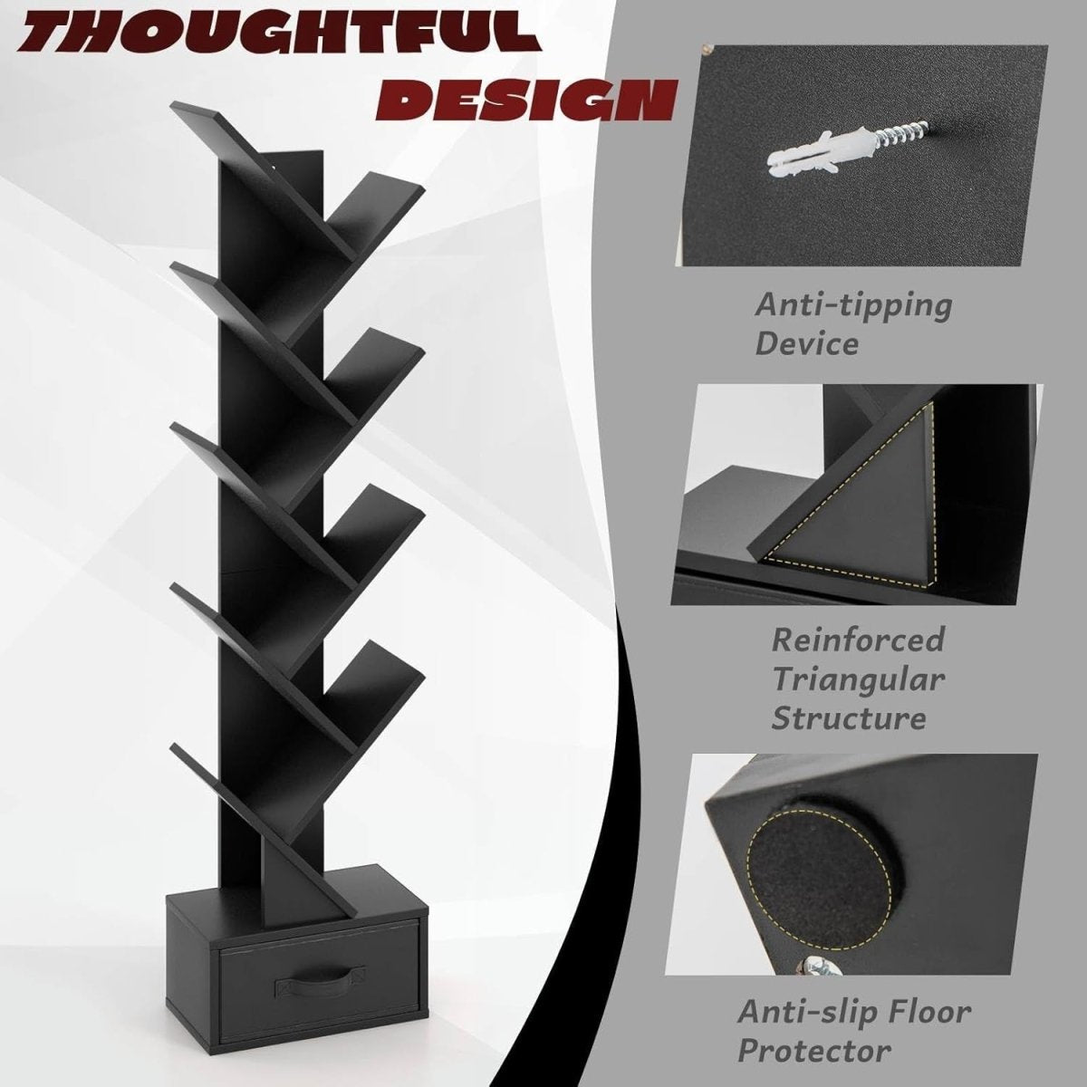 10 Tier Tree Bookshelf Floor Standing Slim Bookcase Modern Storage Rack Black - Kwikley