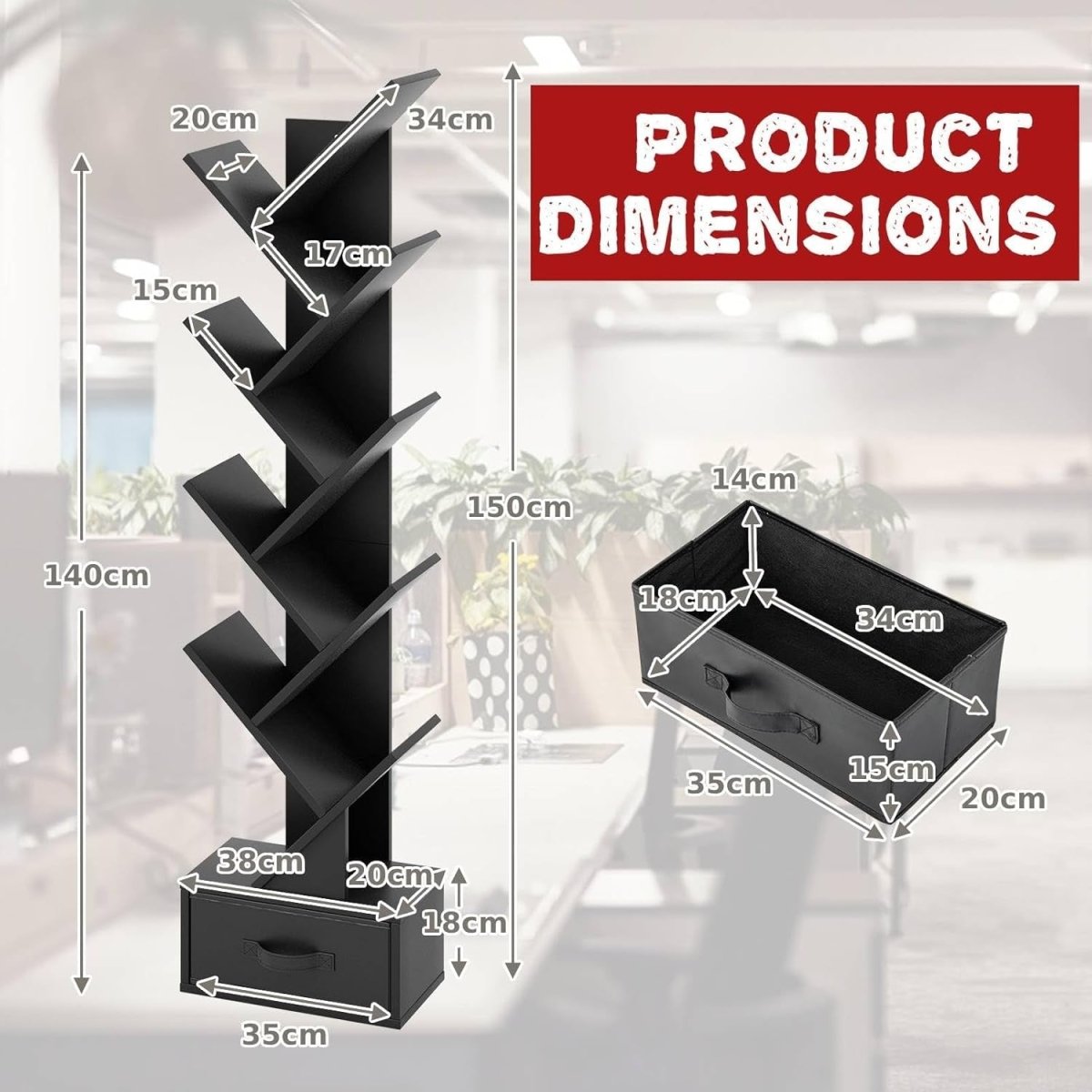 10 Tier Tree Bookshelf Floor Standing Slim Bookcase Modern Storage Rack Black - Kwikley