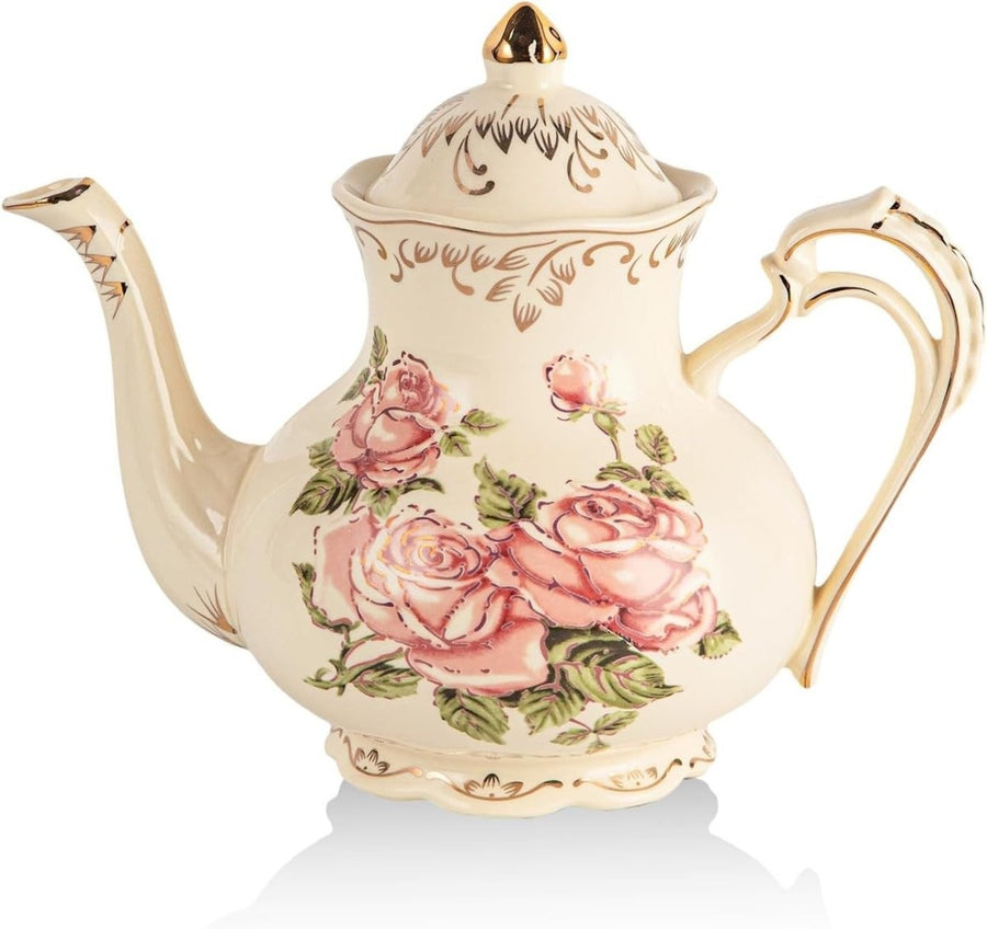 1000ml Floral Porcelain Teapot with Infuser Vintage Rose Gold Trim - Kwikley