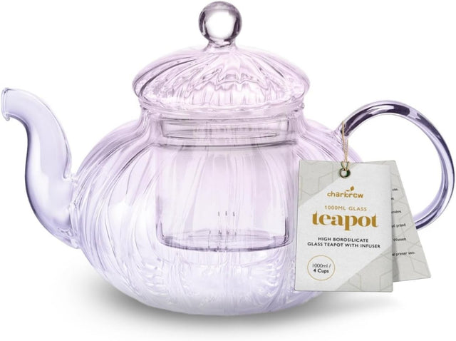 1000ml Glass Teapot with Infuser Ribbed Tea Pot Loose Leaf Tea Maker